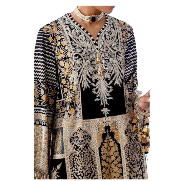 Sana Safinaz Black & Gold Embroidered Tunic – Designer Top - Picture 3 of 11